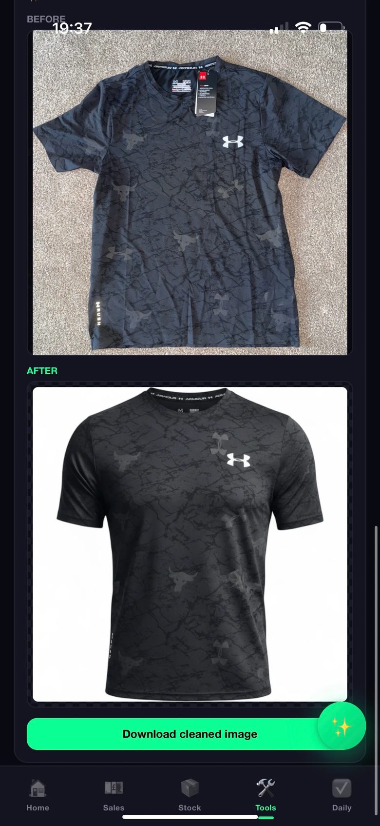 flipOS Photo AI ghost mannequin — creased snap to clean product shot